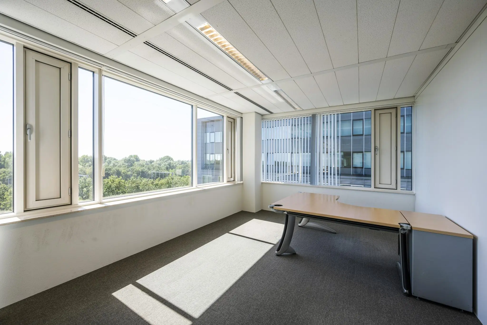 Licht en leeg kantoor aan de Thomas R. Malthusstraat met grote ramen en een modern bureau.