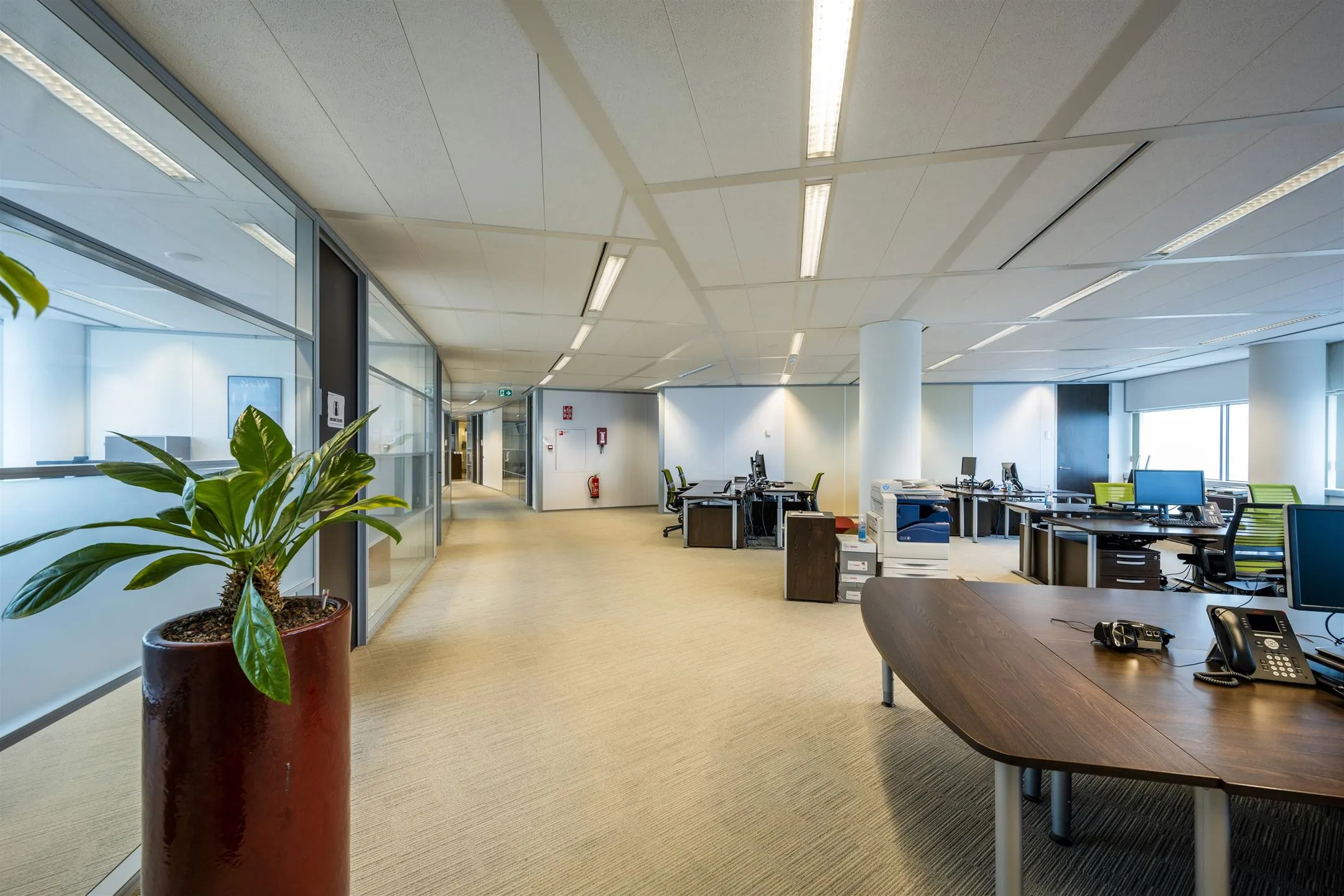 Modern kantoorpand met open werkplekken, glazen wanden en een brede gang.