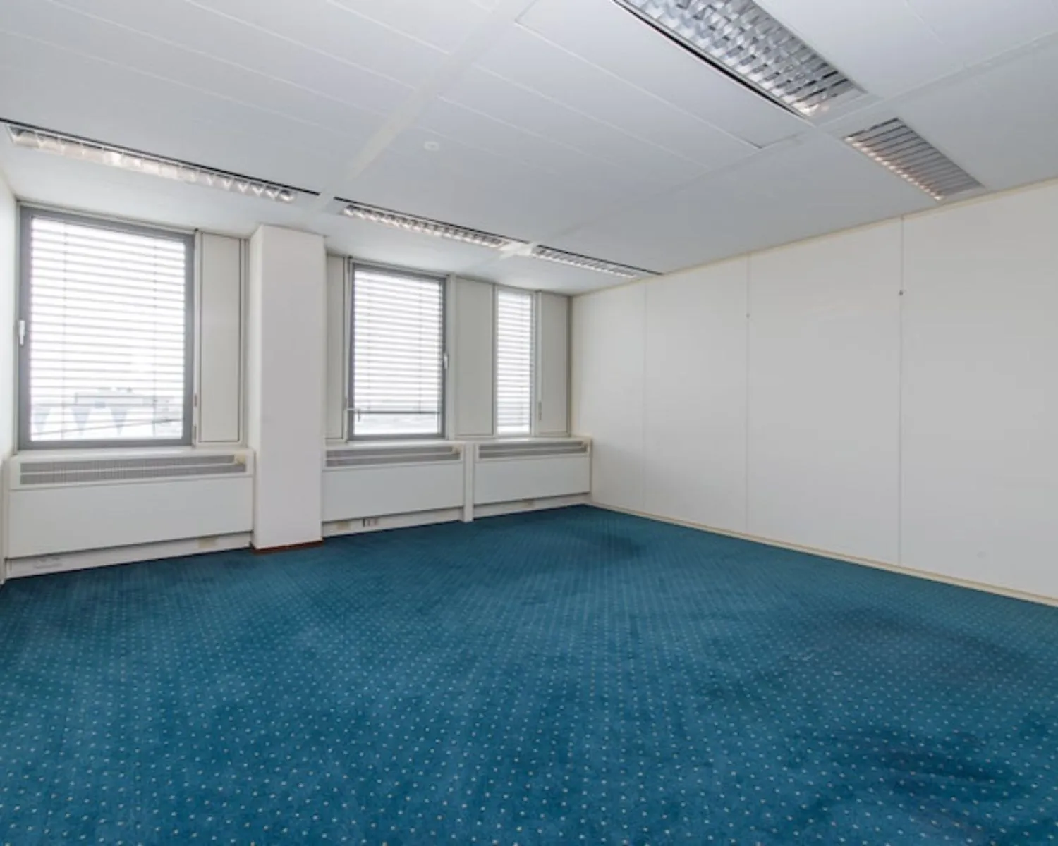Lege kantoorruimte met blauw tapijt en drie grote ramen aan de Gaetano Martinolaan 75-95 in Maastricht.