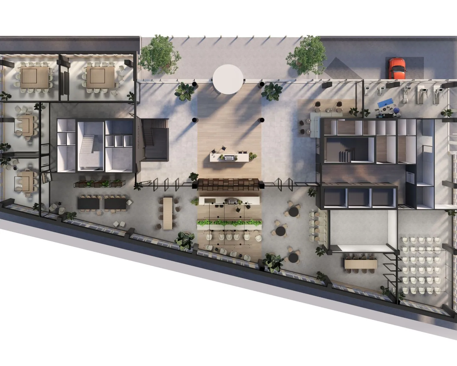 Plattegrond van de kantoorruimte aan de Herikerbergweg 288-290 in Amsterdam met kantoorruimtes, vergaderruimtes en gemeenschappelijke voorzieningen.