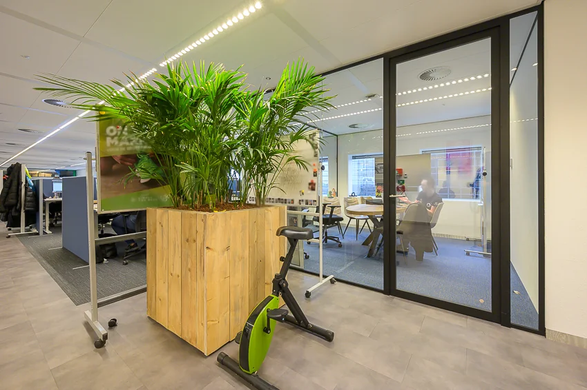 Moderne kantooruimte met een grote houten plantenbak en een bureaufiets naast een glazen vergaderruimte.