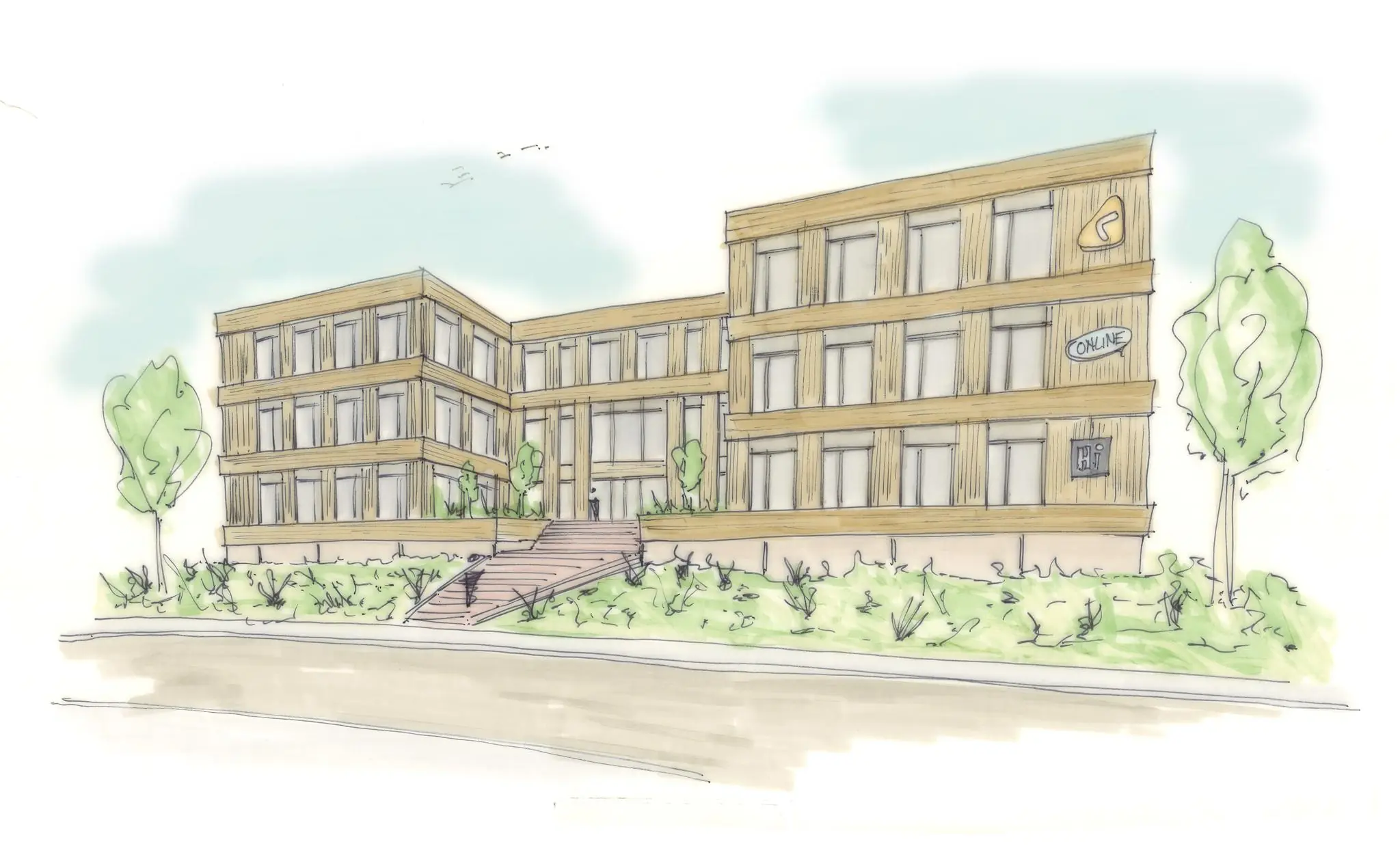 Architectonische illustratie van een modern schoolgebouw aan de Ptolemaeuslaan met een houten gevel en centrale trap.