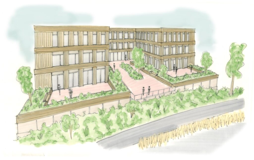 Architectonische tekening van een modern woongebouw aan de Ptolemaeuslaan, omringd door groen en een wandelpad.