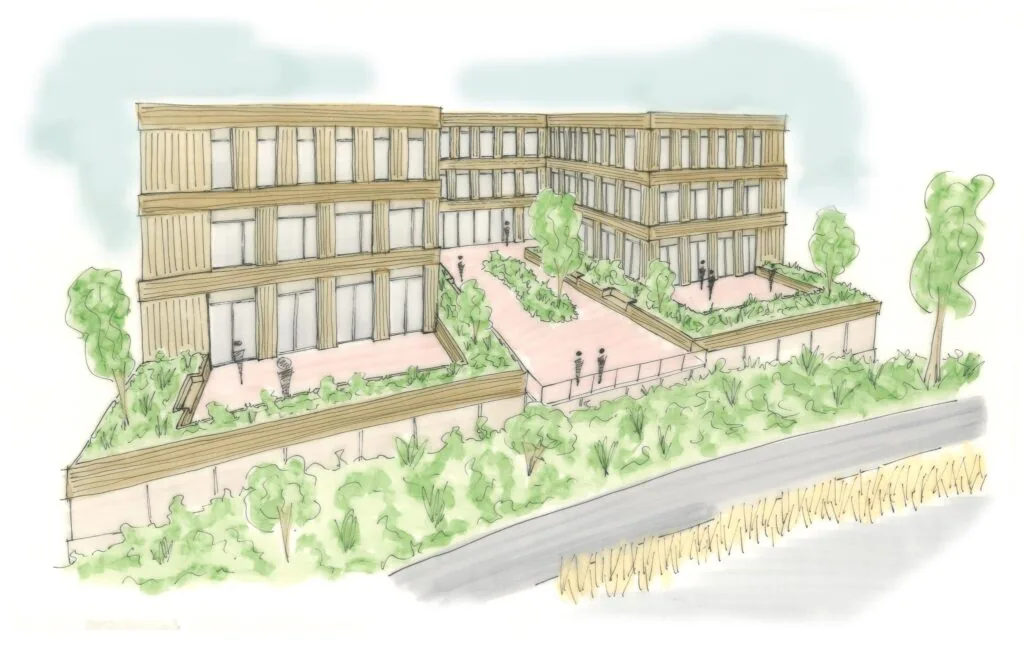 Architectonische tekening van een modern woongebouw aan de Ptolemaeuslaan, omringd door groen en een wandelpad.