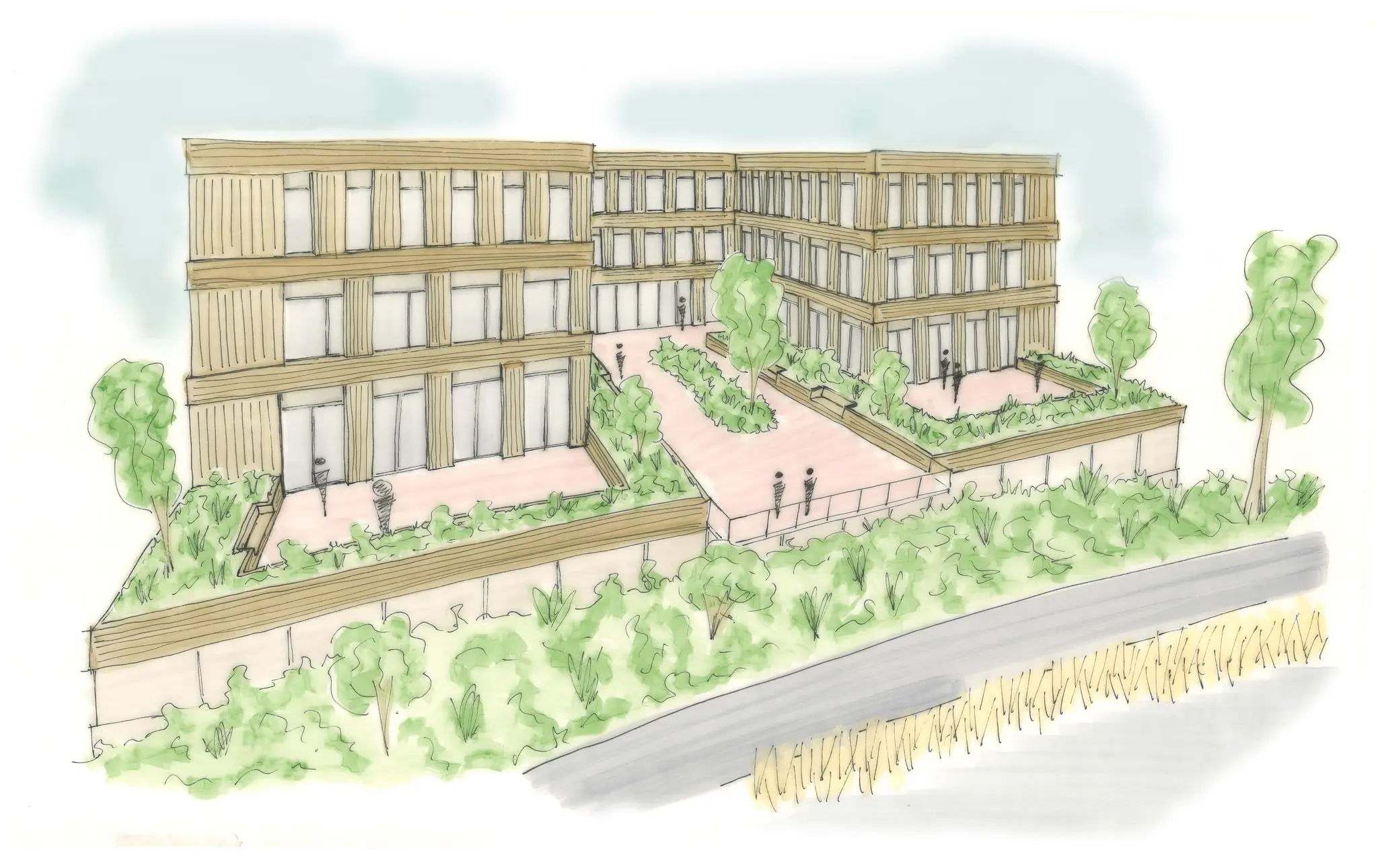 Architectonische tekening van een modern woongebouw aan de Ptolemaeuslaan, omringd door groen en een wandelpad.