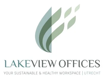 Logo van Lakeview Offices met een gestileerd bladontwerp en de tekst "Your sustainable & healthy workspace | Utrecht".