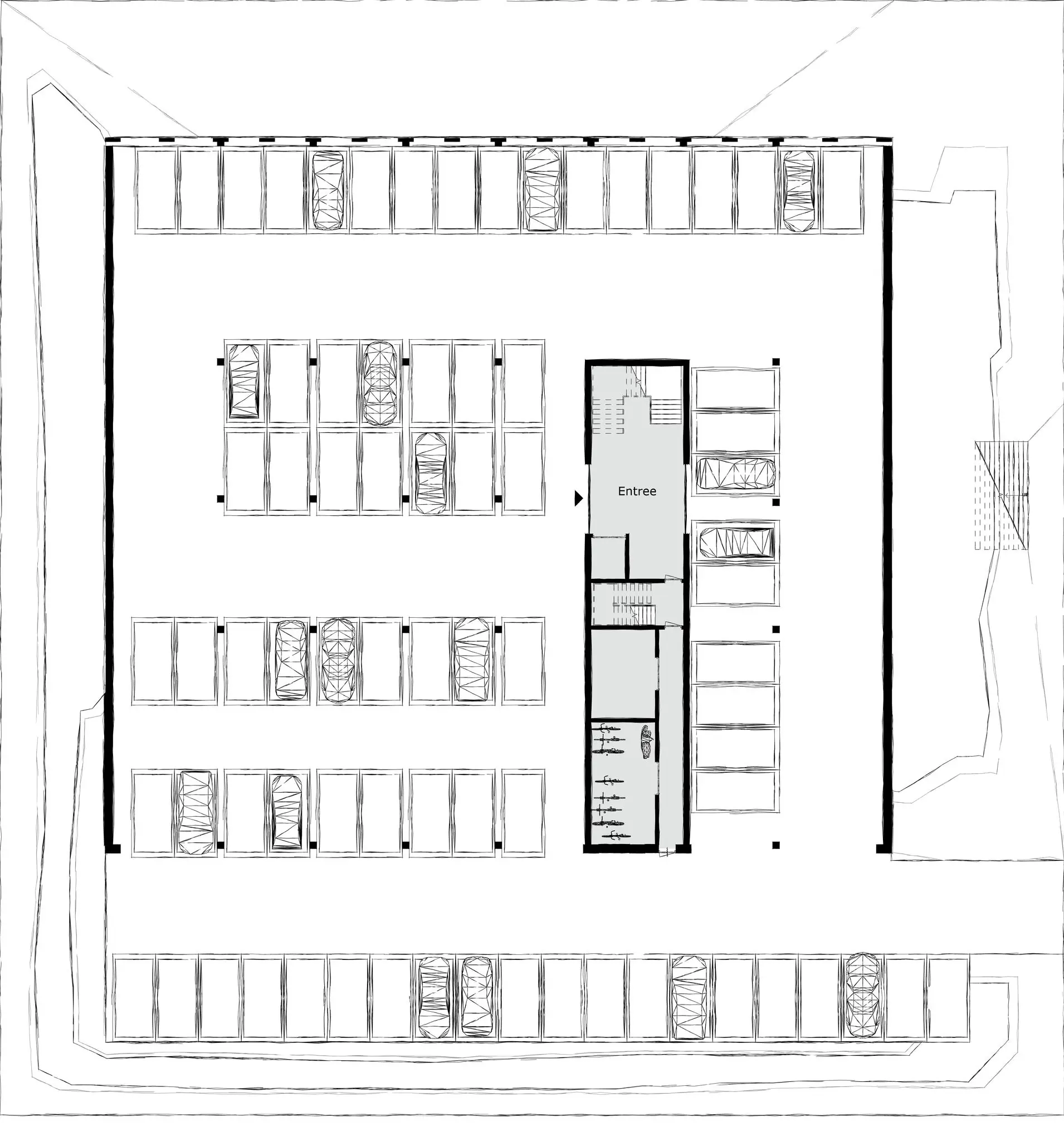 Plattegrond van een parkeergarage aan de Ptolemaeuslaan met gemarkeerde entree en parkeervakken.