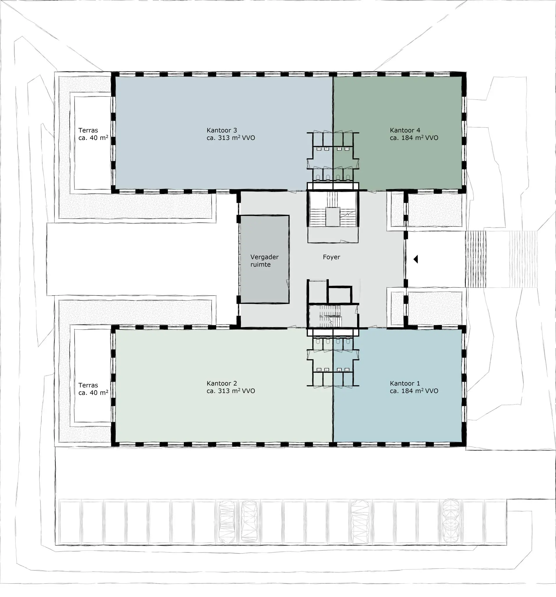 Plattegrond van een kantoorverdieping aan de Ptolemaeuslaan met vier kantoorruimtes, twee terrassen, een vergaderruimte en een centrale foyer.