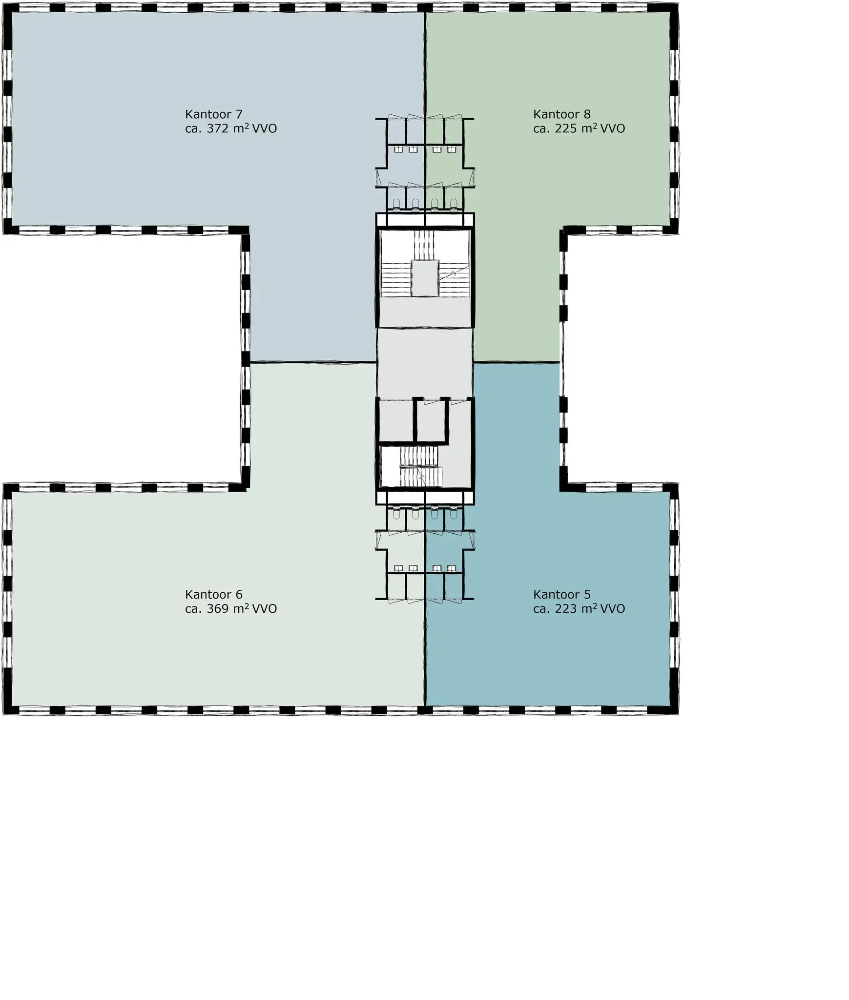 Plattegrond van een verdieping aan de Ptolemaeuslaan met vier kantoorruimtes (Kantoor 5 t/m 8) en centrale voorzieningen.