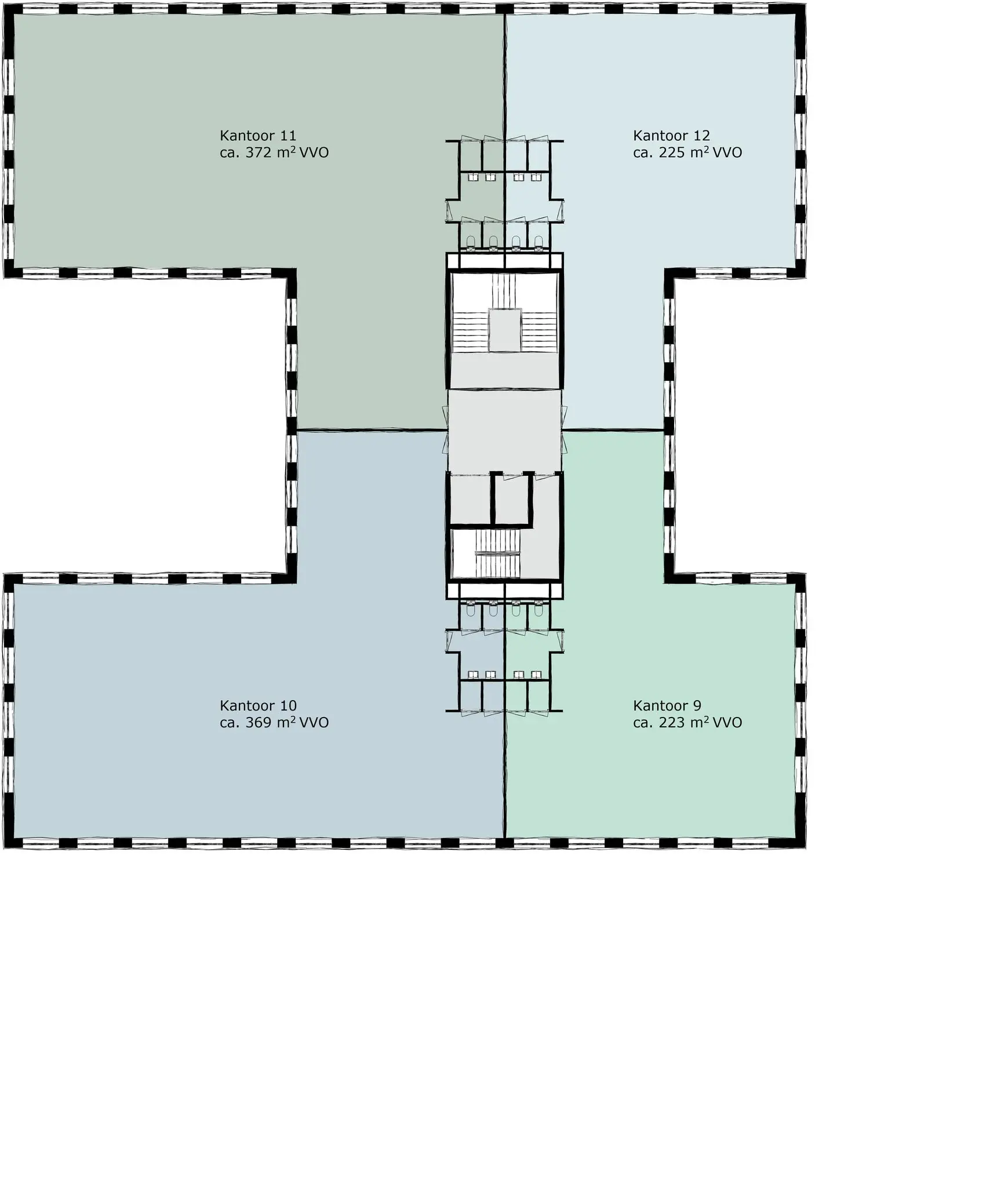 Plattegrond van een kantoorgebouw aan de Ptolemaeuslaan met vier kantoorruimtes en centrale voorzieningen.