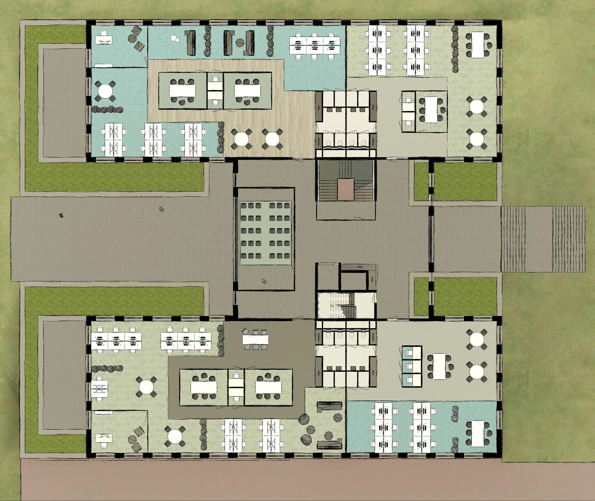 Plattegrond van een kantoorgebouw aan de Ptolemaeuslaan met meerdere werkplekken, vergaderruimtes en open ruimtes.