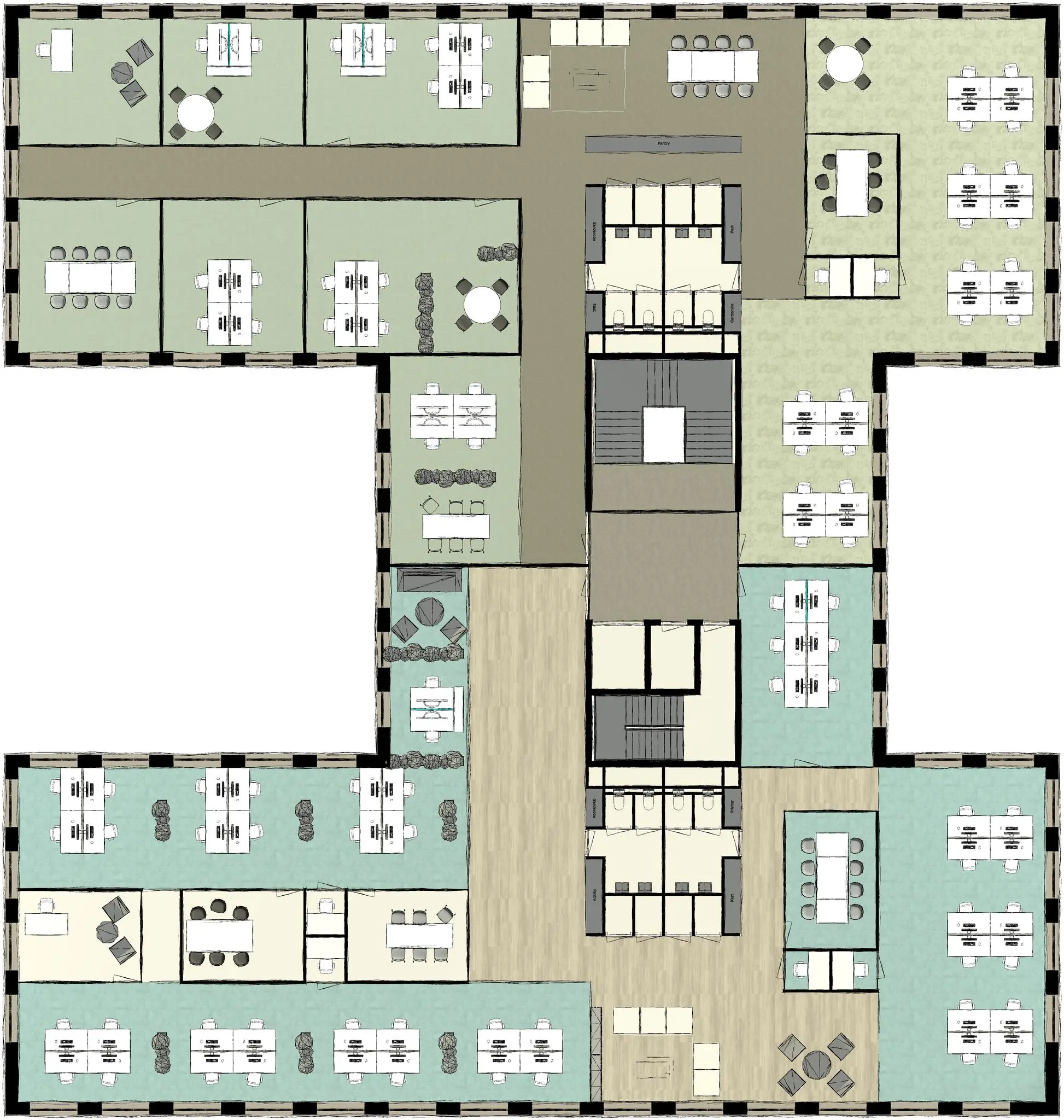 Plattegrond van een kantoorverdieping aan de Ptolemaeuslaan, met open werkplekken, vergaderruimtes en gemeenschappelijke zones.