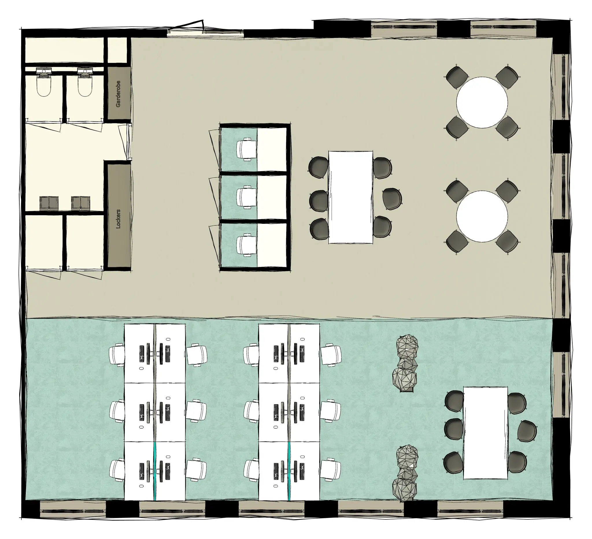 Plattegrond van een kantoorruimte aan de Ptolemaeuslaan met bureaus, vergaderruimtes, zitplekken en sanitaire voorzieningen.