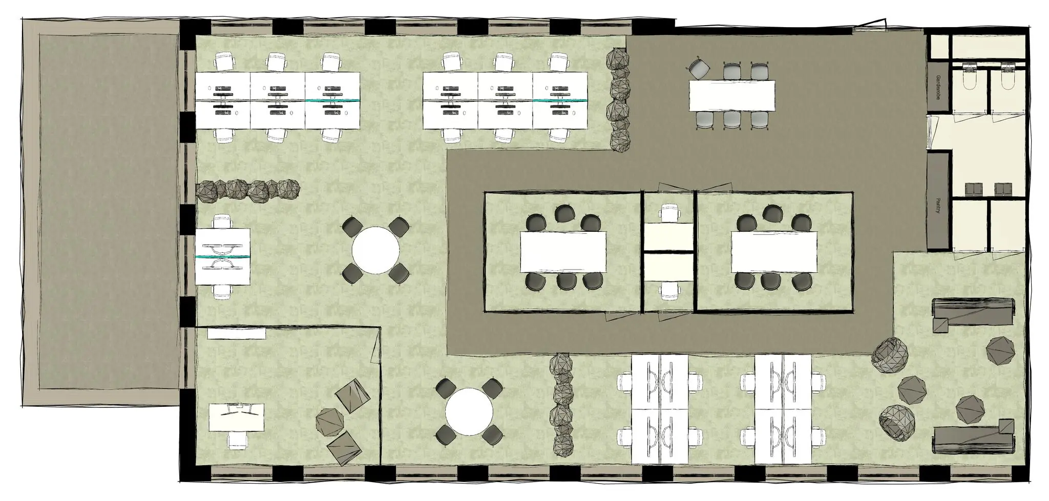 Plattegrond van een open kantoorruimte aan de Ptolemauslaan met werkplekken, vergaderruimtes, zitgedeeltes en sanitaire voorzieningen.