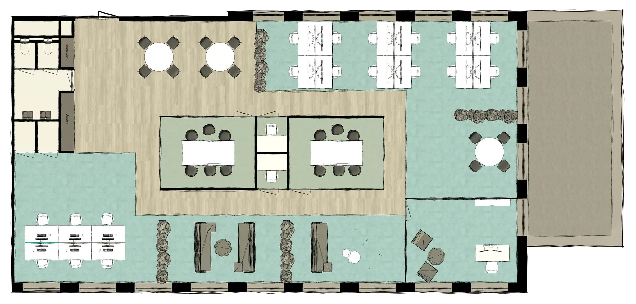 Plattegrond van een kantoorruimte aan de Ptolemaeuslaan met werkplekken, vergaderruimtes, zitgedeelten en sanitaire voorzieningen.
