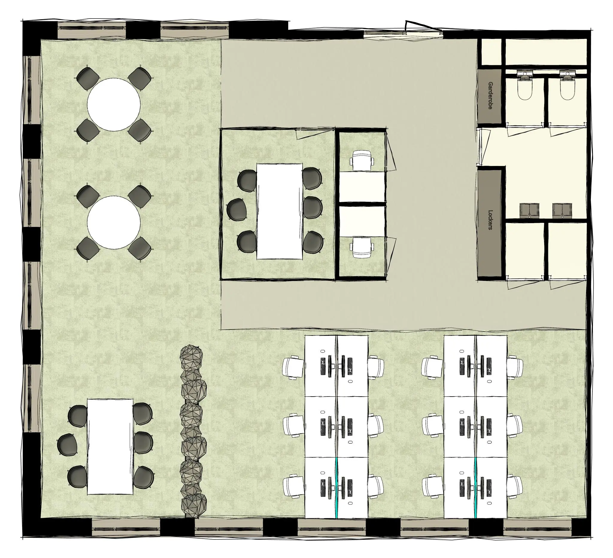 Plattegrond van een kantoorruimte aan de Ptolemaeuslaan met werkplekken, vergaderruimtes, zitgedeeltes en sanitaire voorzieningen.