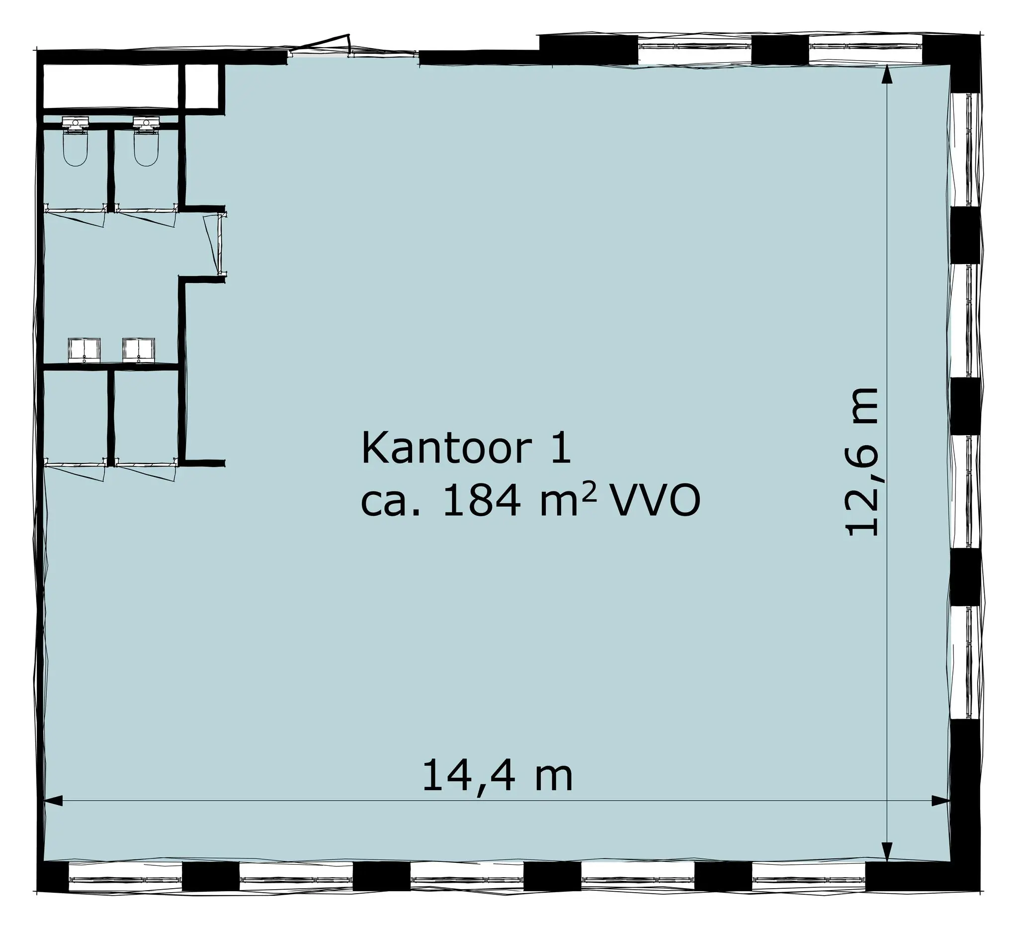 Plattegrond van Kantoor 1 aan de Ptolemaeuslaan met een oppervlakte van circa 184 m² VVO, inclusief toiletruimtes.