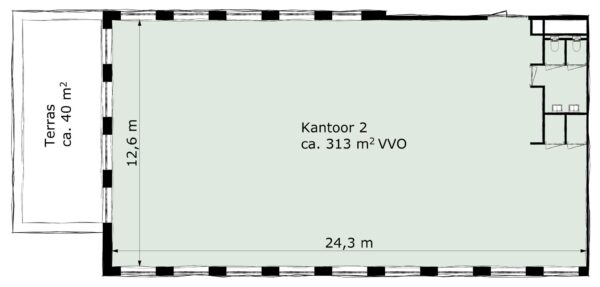 Plattegrond van Kantoor 2 aan de Ptolemaeuslaan met een oppervlakte van circa 313 m² VVO en aangrenzend terras van circa 40 m².