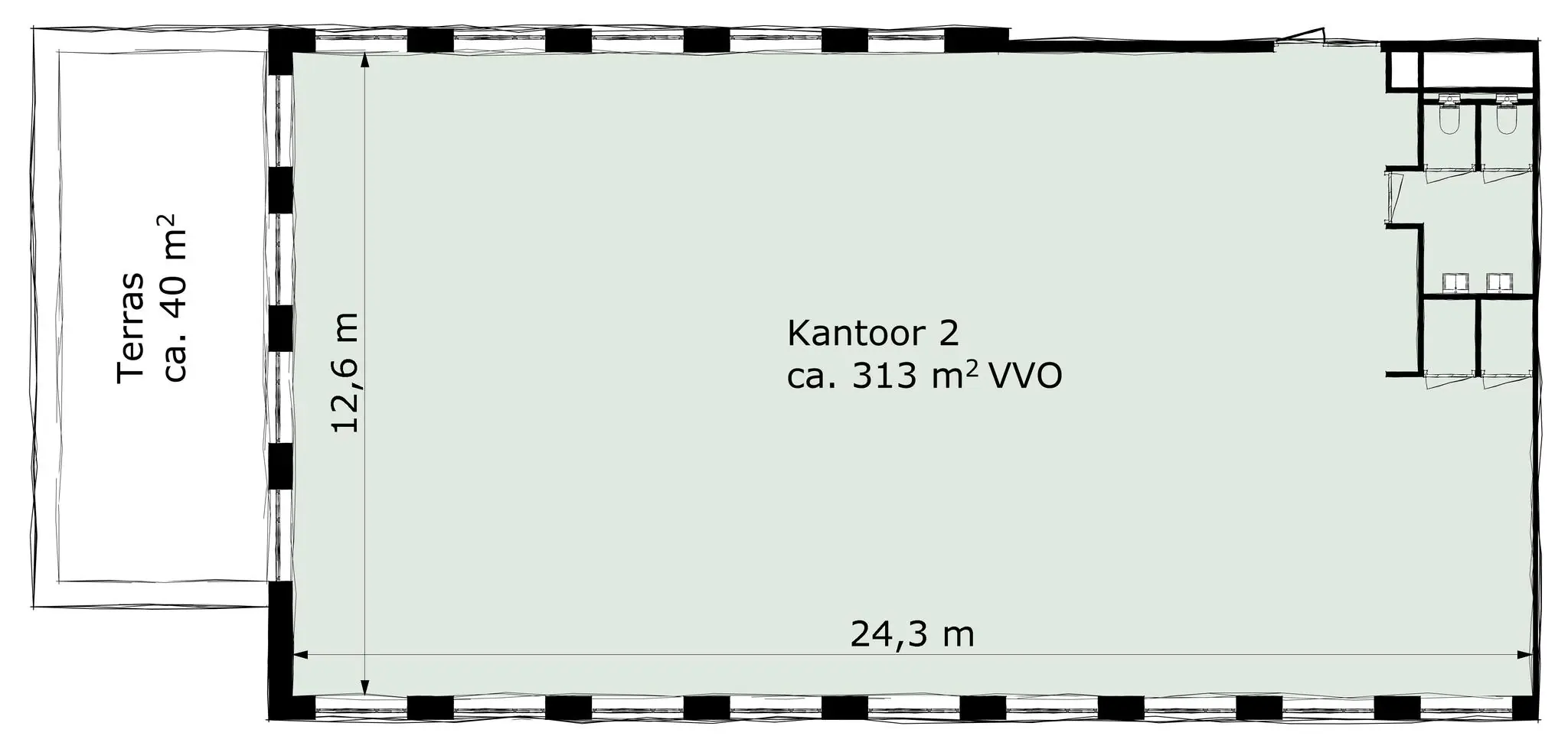 Plattegrond van Kantoor 2 aan de Ptolemaeuslaan met een oppervlakte van circa 313 m² VVO en aangrenzend terras van circa 40 m².