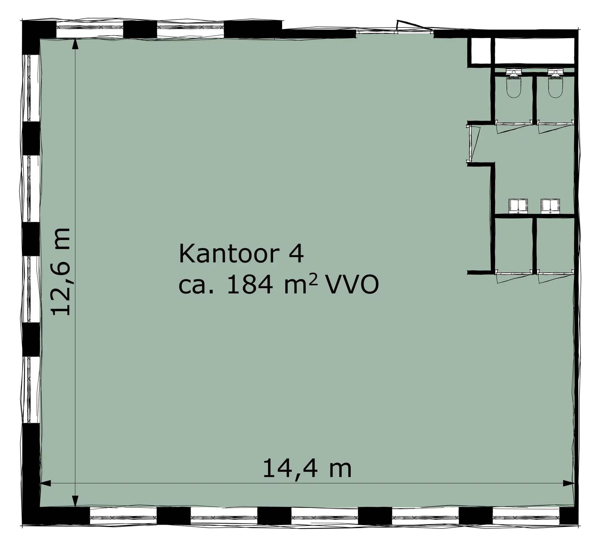 Plattegrond van Kantoor 4 met een oppervlakte van circa 184 m² VVO, inclusief sanitaire voorzieningen.