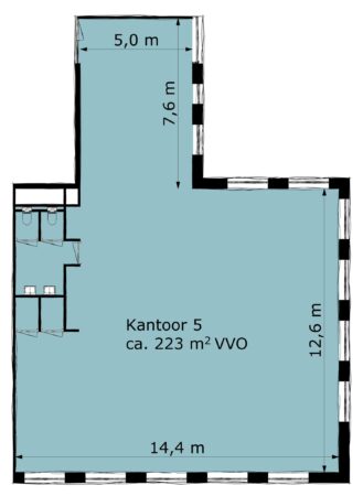 Plattegrond van kantoorruimte 5 aan de Ptolemaeuslaan met een verhuurbaar vloeroppervlak van circa 223 m².
