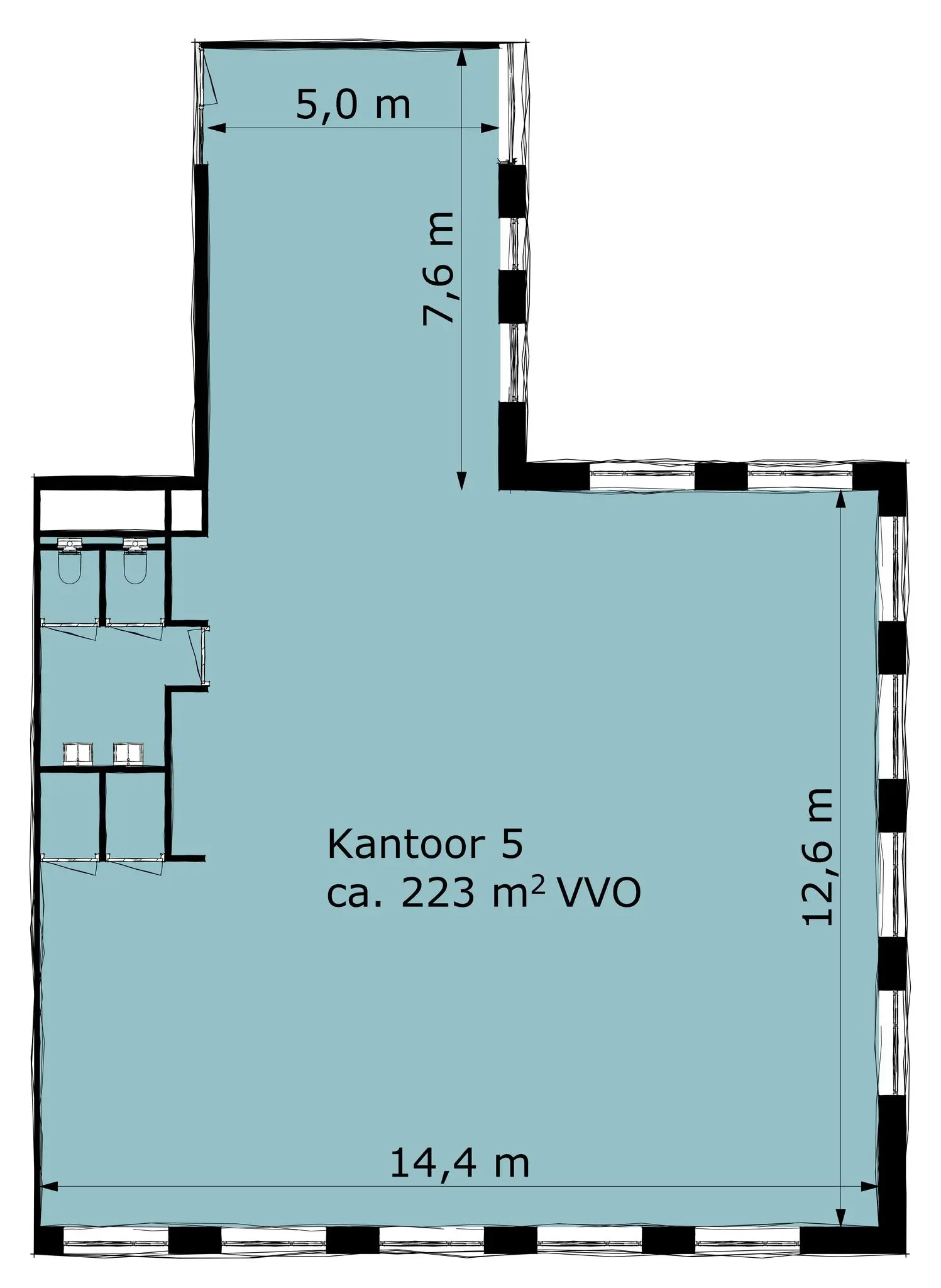 Plattegrond van kantoorruimte 5 aan de Ptolemaeuslaan met een verhuurbaar vloeroppervlak van circa 223 m².