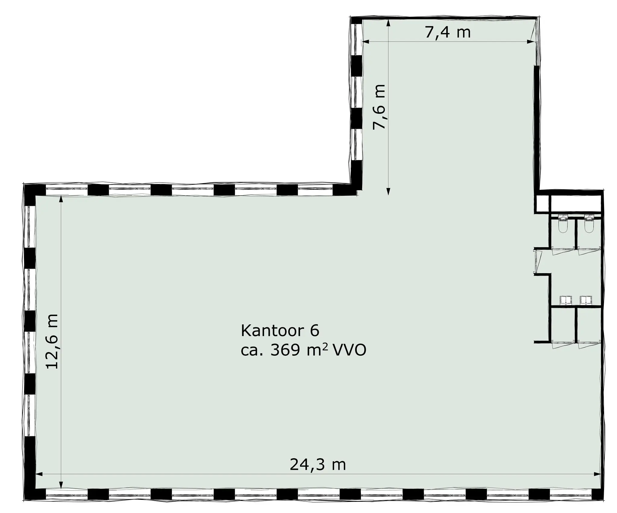 Plattegrond van Kantoor 6 aan de Ptolemaeuslaan met een oppervlakte van circa 369 m² VVO.