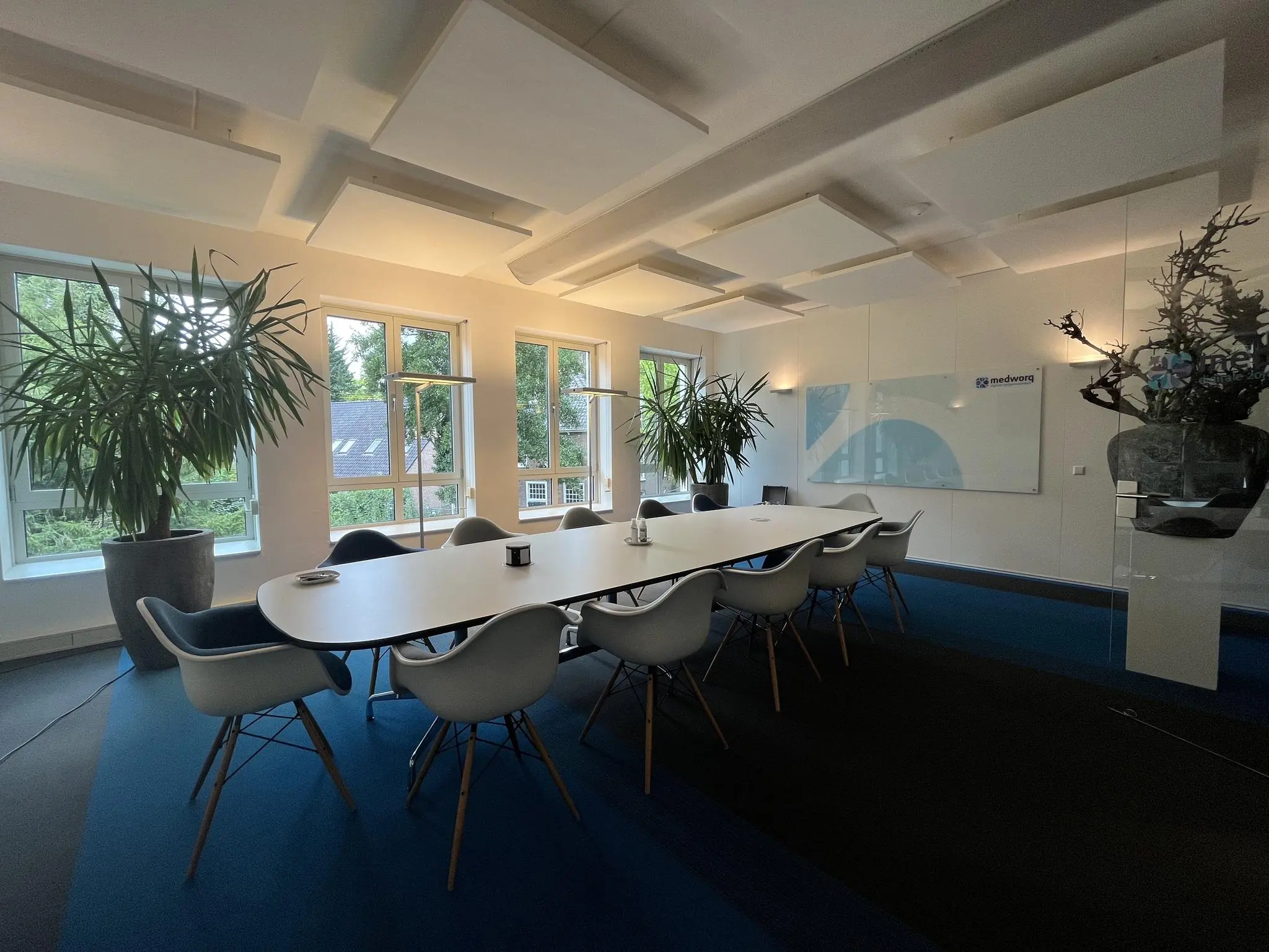 Vergaderruimte aan de Driebergseweg met lange tafel, moderne stoelen, grote planten en veel natuurlijk licht.