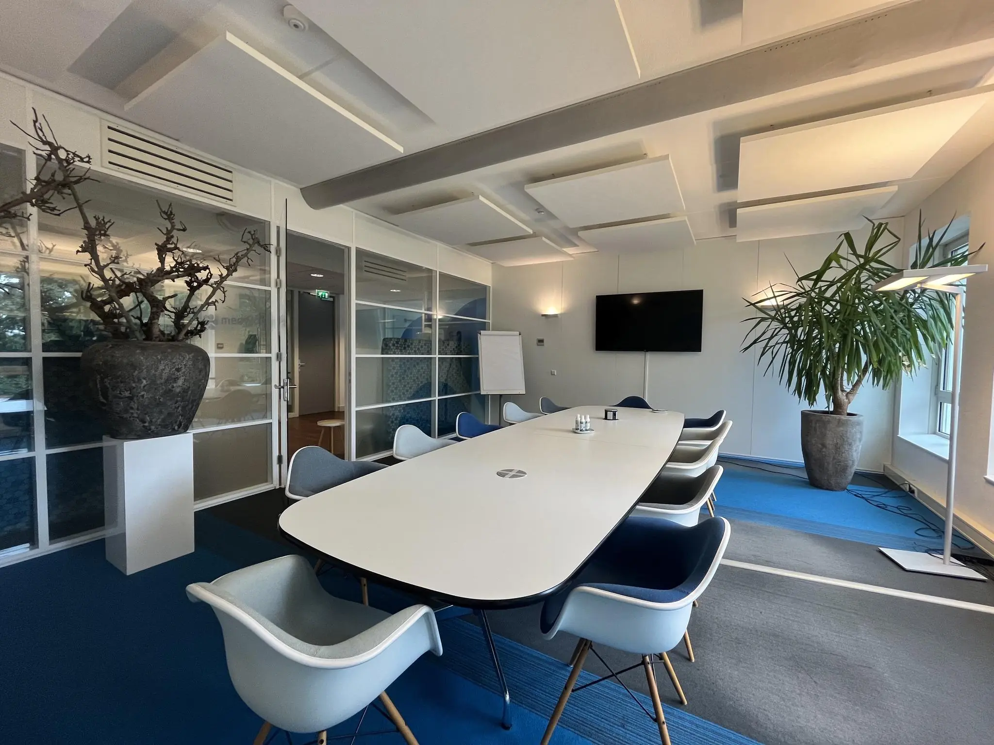 Vergaderruimte aan de Driebergseweg met een lange tafel, moderne stoelen, grote planten en een flatscreen aan de muur.