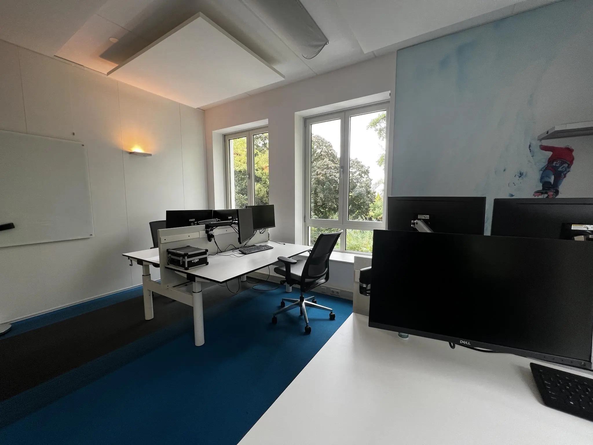 Modern kantoor met meerdere werkplekken, grote monitoren en een groot raam met uitzicht op groen aan de Driebergseweg.