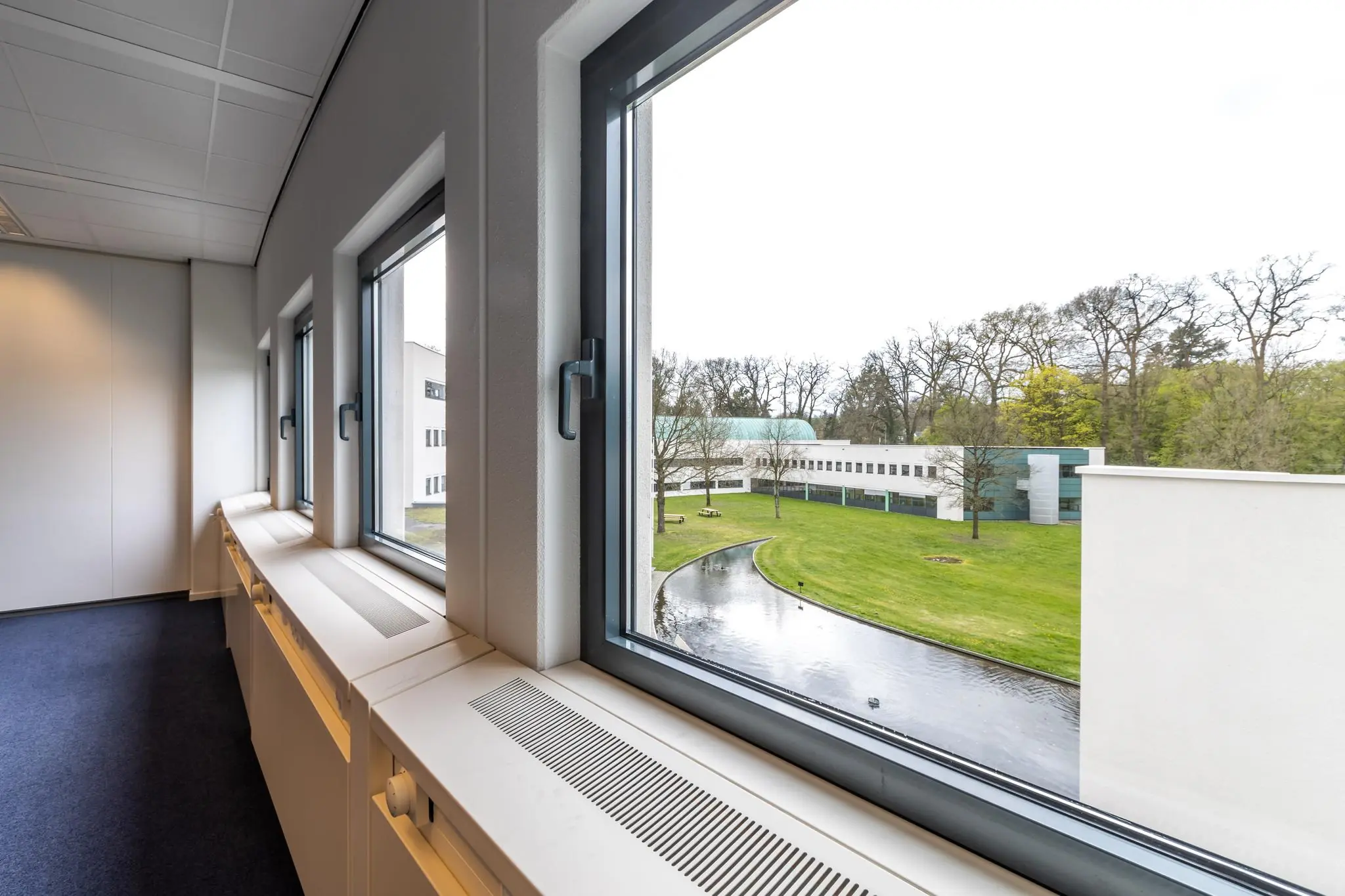 Uitzicht vanuit een kantoorruimte op het groene terrein en moderne gebouwen van Sparrenheuvel.