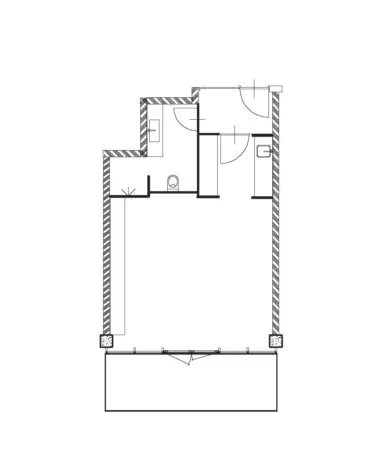 Plattegrond van een appartement aan de Danzigerkade met badkamer, toilet, keuken en woonkamer met balkon.
