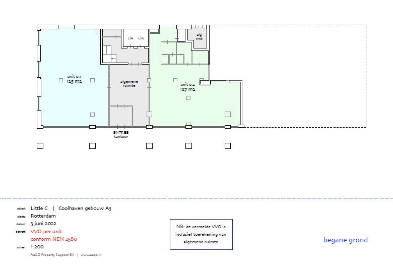 Plattegrond van de begane grond van Coolhaven gebouw A3 in Rotterdam, met units van 125 m² en 127 m² en algemene ruimten.
