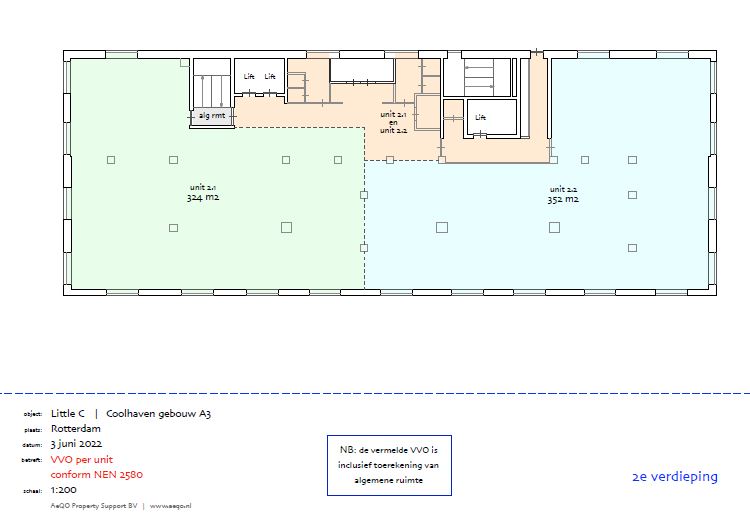 Plattegrond van de tweede verdieping van Coolhaven gebouw A3 in Rotterdam met units en voorzieningen.