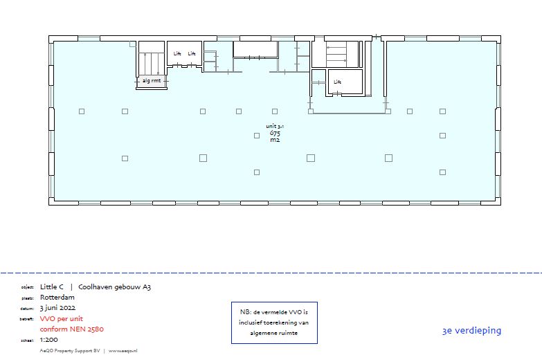Plattegrond van de derde verdieping van Coolhaven gebouw A3 in Rotterdam, met een eenheid van 675 m².