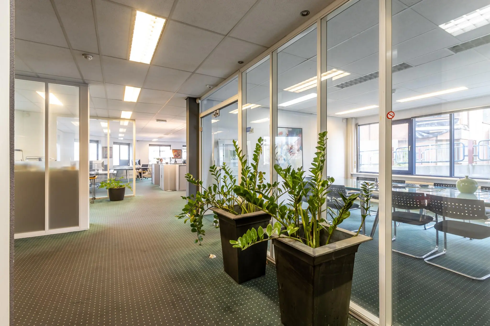 Modern kantoorpand aan de Dukatenburg met glazen vergaderruimtes, bureaus en kamerplanten in de gang.