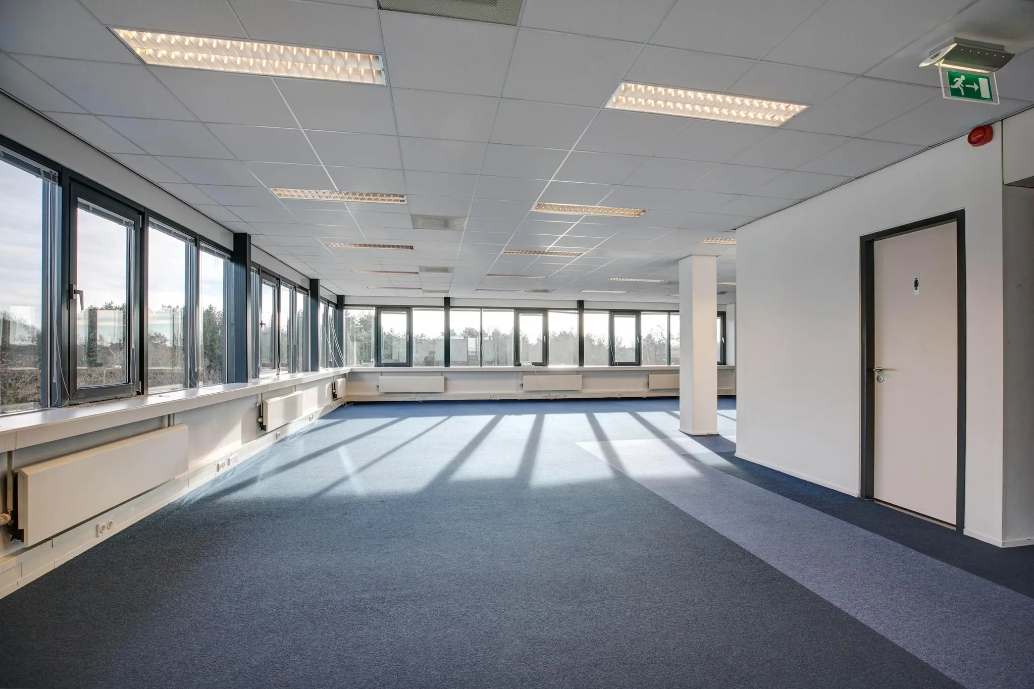 Lichte, lege kantoorruimte met blauw tapijt, grote ramen en systeemplafondverlichting.