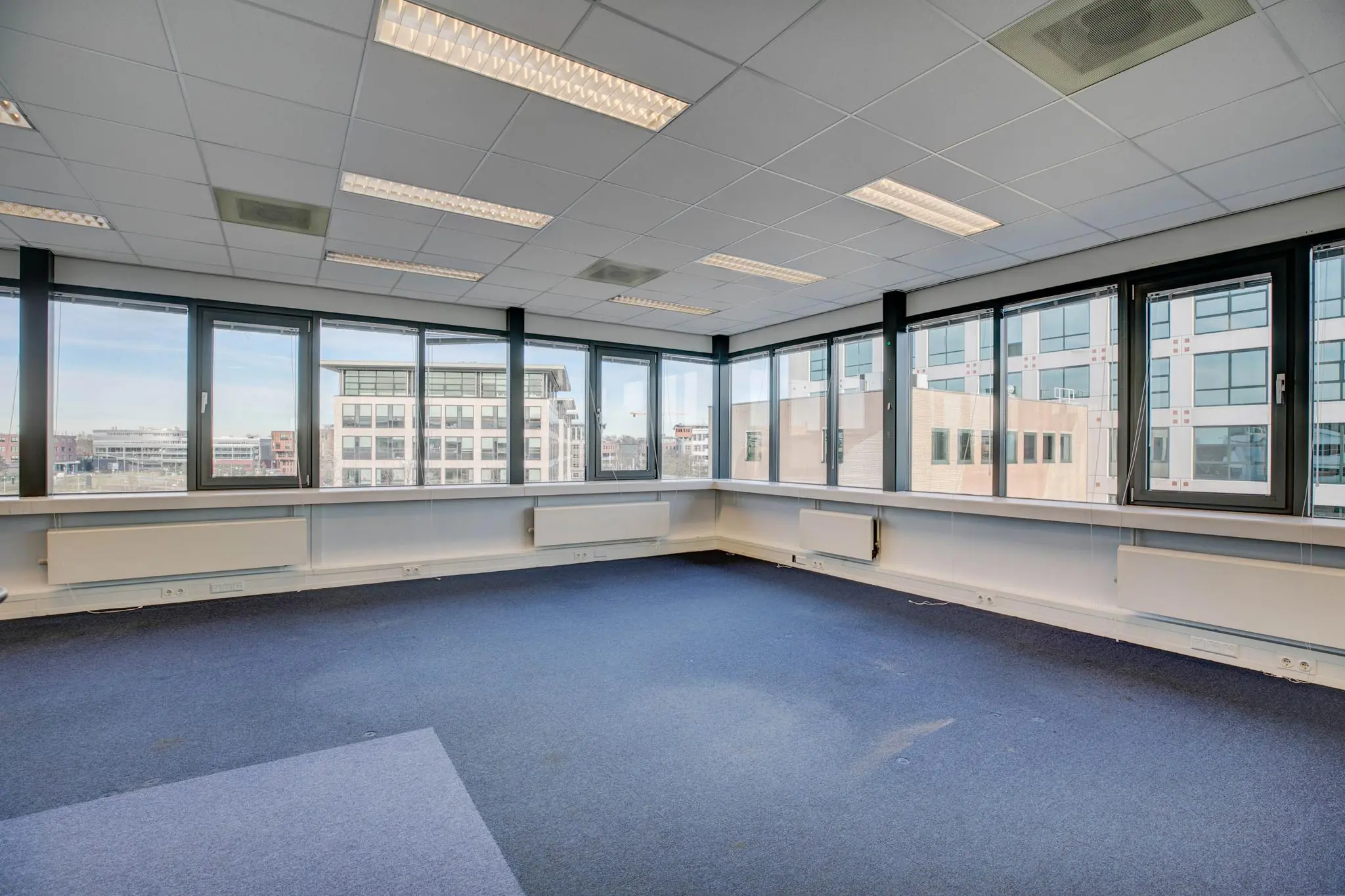 Leeg kantoorpand met blauw tapijt en grote ramen met uitzicht op moderne kantoorgebouwen.