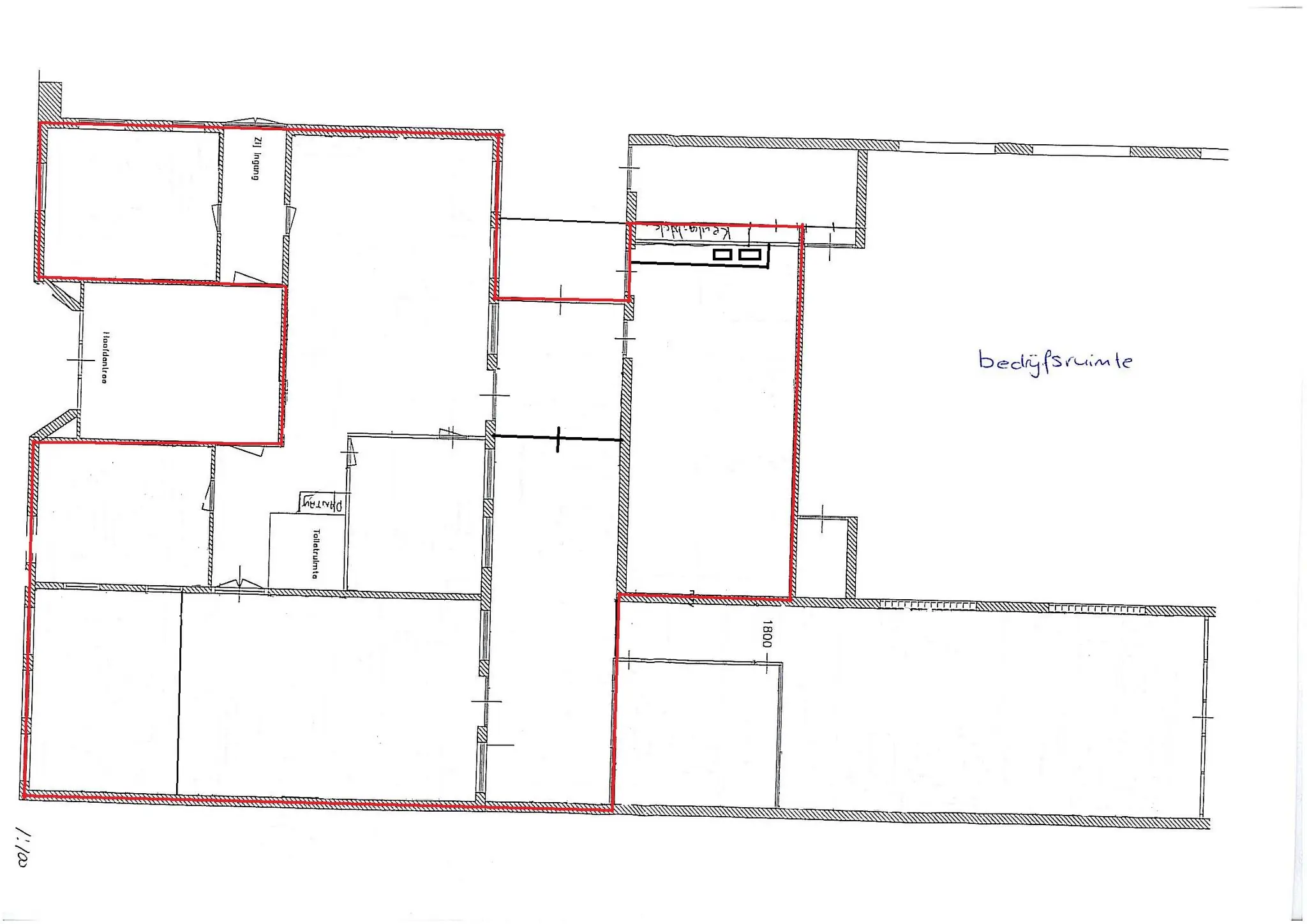 Plattegrond van een bedrijfsruimte aan de Stadionweg met rood gemarkeerde contourlijnen.