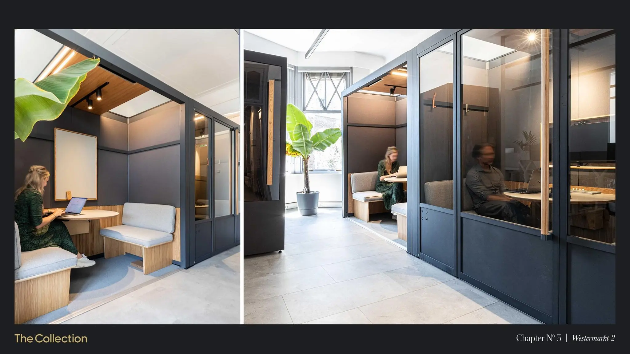 Moderne kantoorruimte met glazen vergaderpods aan de Westermarkt 2, ingericht met zitbanken, tafels en werkende mensen op laptops.