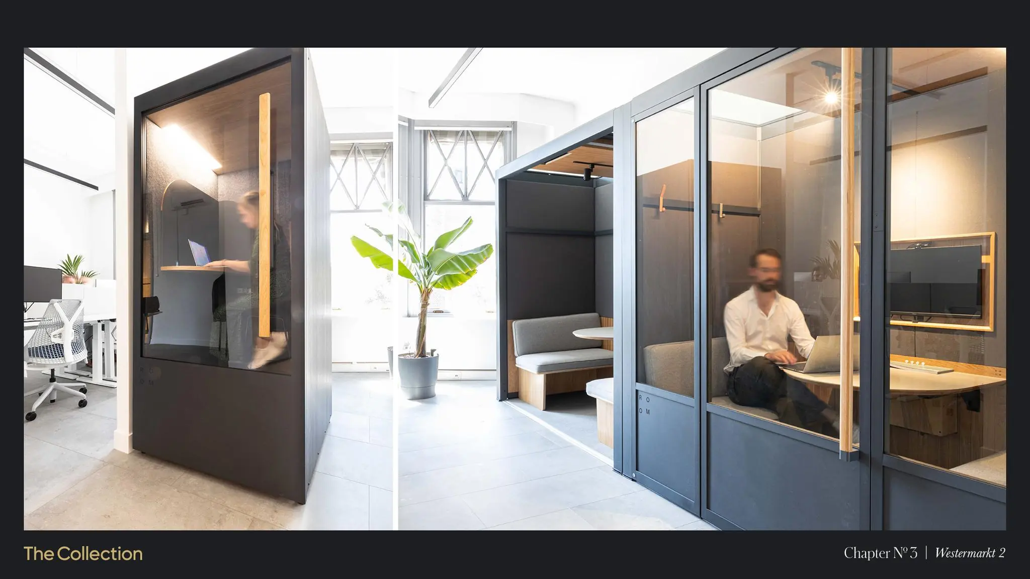 Moderne kantoorruimte met glazen vergader- en belcabines in Westermarkt 2.