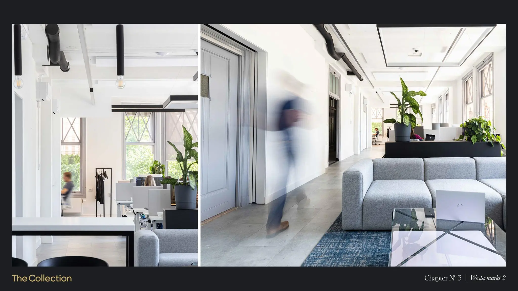 Moderne en lichte kantoorruimte aan de Westermarkt 2 met open werkplekken, planten en een zitruimte.