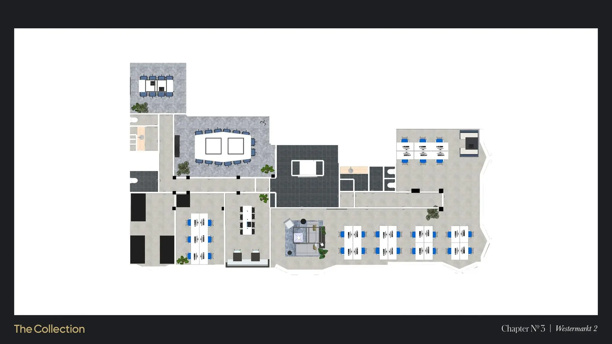 Plattegrond van een modern kantoorinterieur op Westermarkt 2 met vergaderruimtes, werkplekken en loungegedeelte.