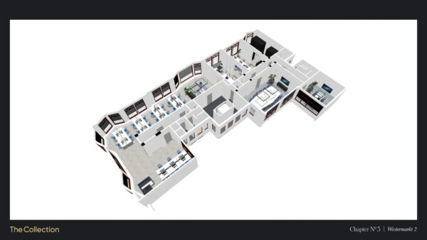 3D plattegrond van een modern kantoorpand aan de Westermarkt 2 met meerdere werkplekken, vergaderruimtes en lounges.