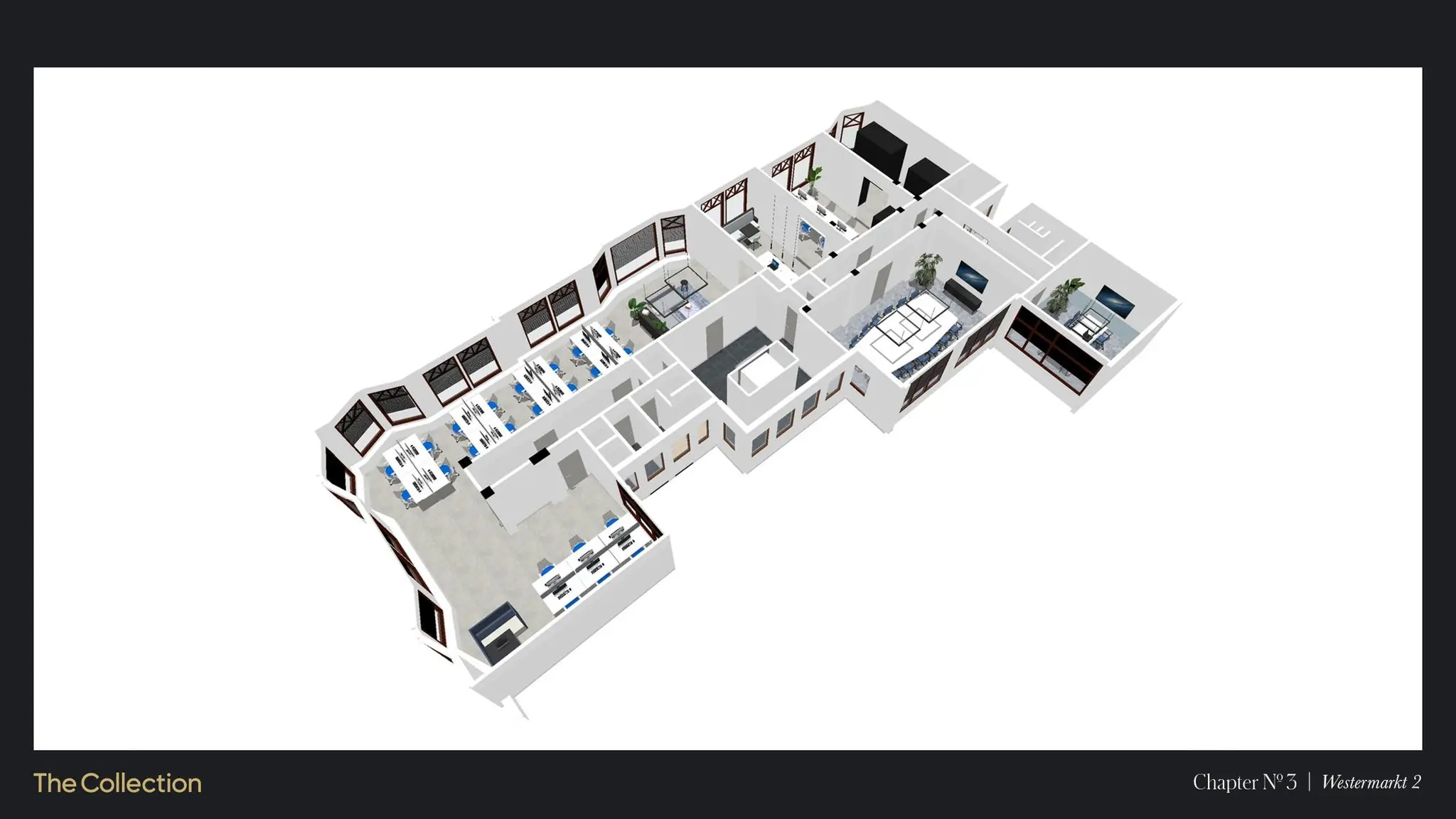 3D plattegrond van een modern kantoorpand aan de Westermarkt 2 met meerdere werkplekken, vergaderruimtes en lounges.