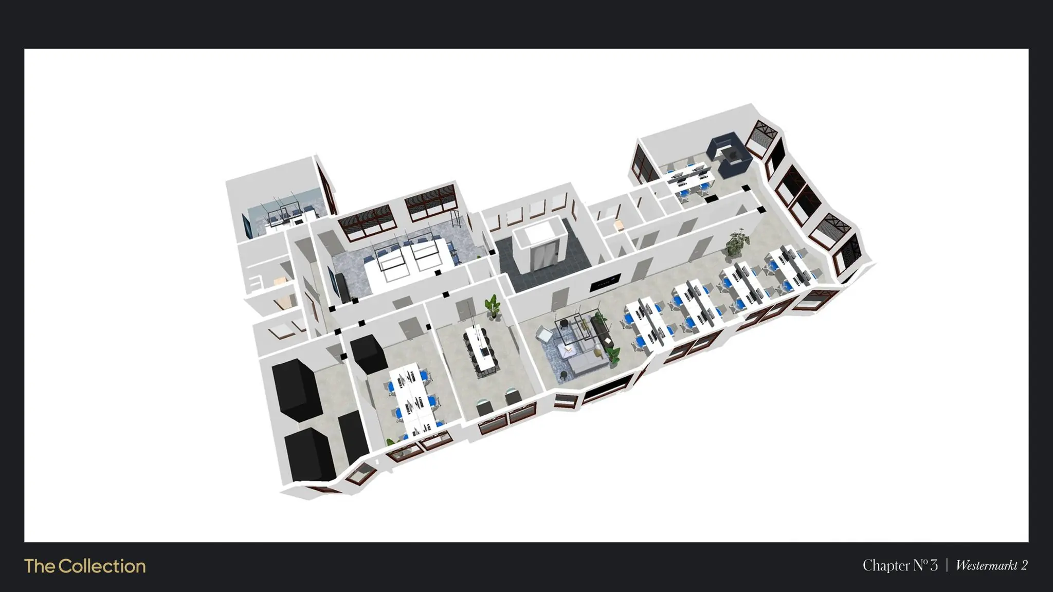 3D vloerplan van een modern kantoorpand aan de Westermarkt 2 met meerdere werkruimtes, vergaderruimtes en loungegedeeltes.