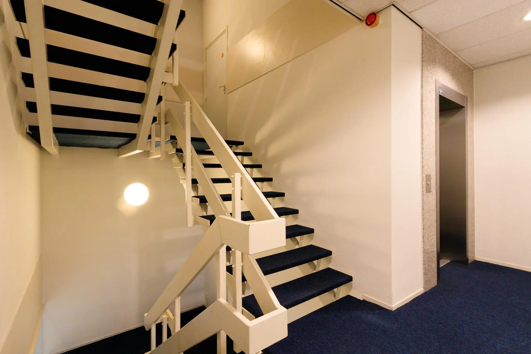 Trappenhuis met blauwe vloerbedekking en een gesloten lift in een kantoorpand aan de Vlierbaan.