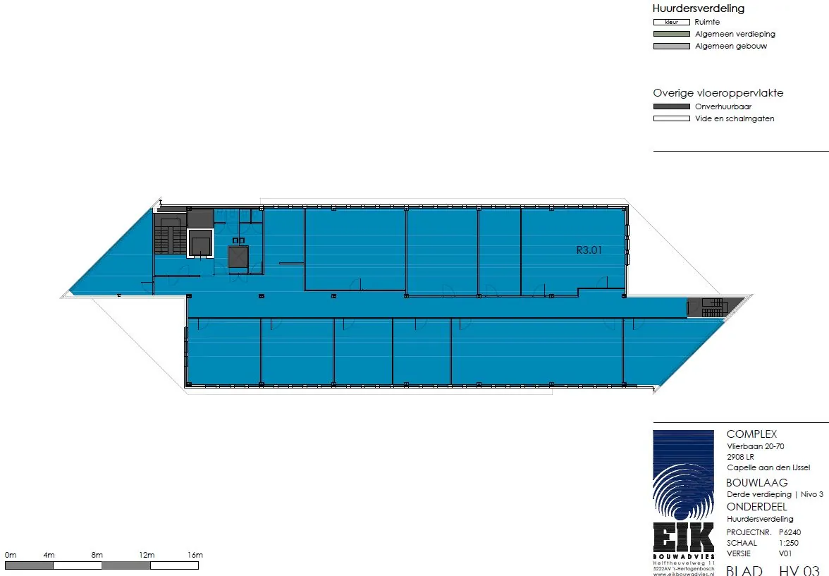 Plattegrond van de derde verdieping (niveau 3) van een kantoorgebouw aan de Vlierbaan 20-70 in Capelle aan den IJssel, met in blauw gemarkeerde verhuurbare ruimtes.