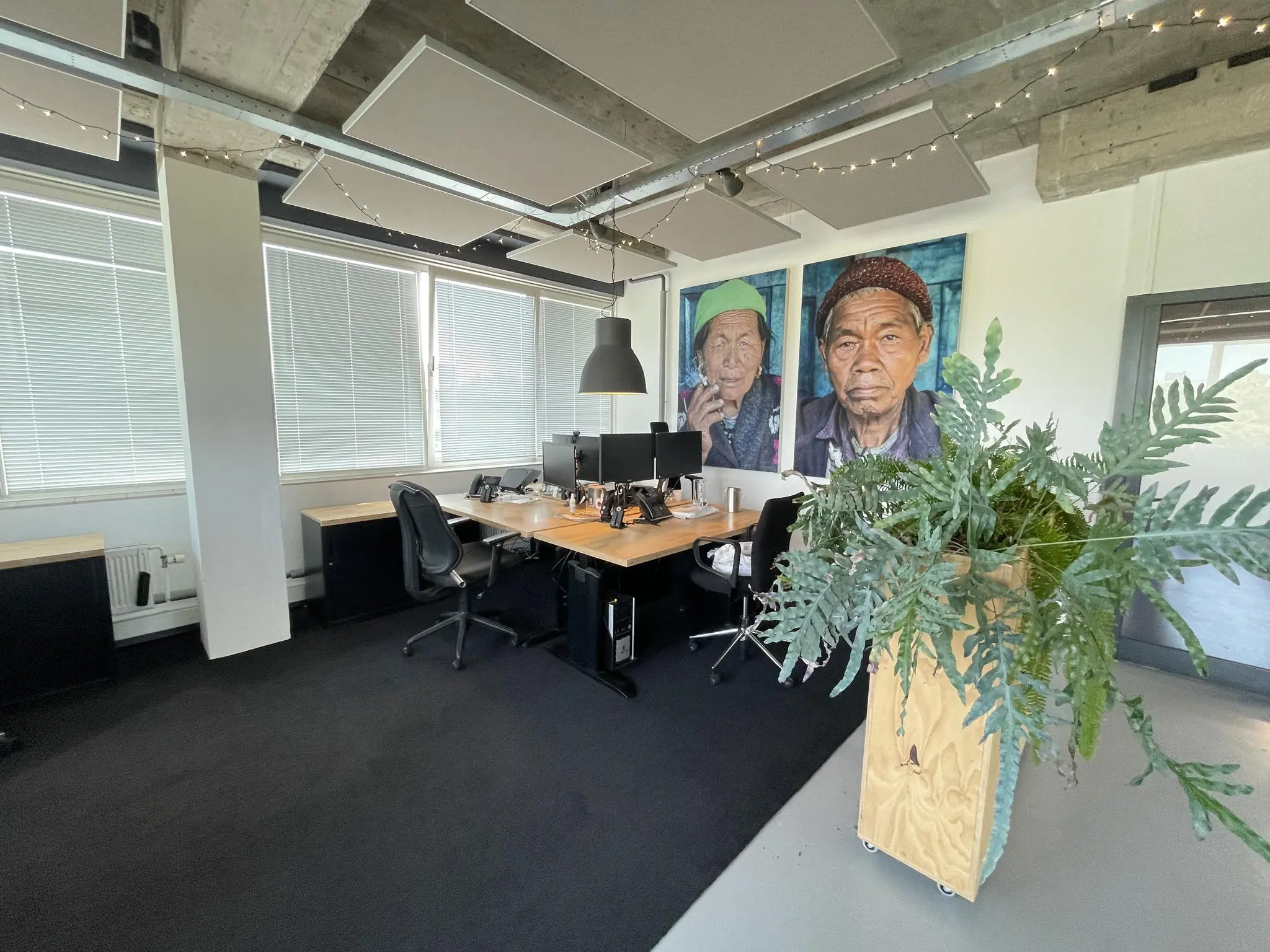 Modern kantoorinterieur aan de Hengeveldstraat met werkplekken, grote portretfoto's aan de muur en een houten plantenbak op wieltjes.