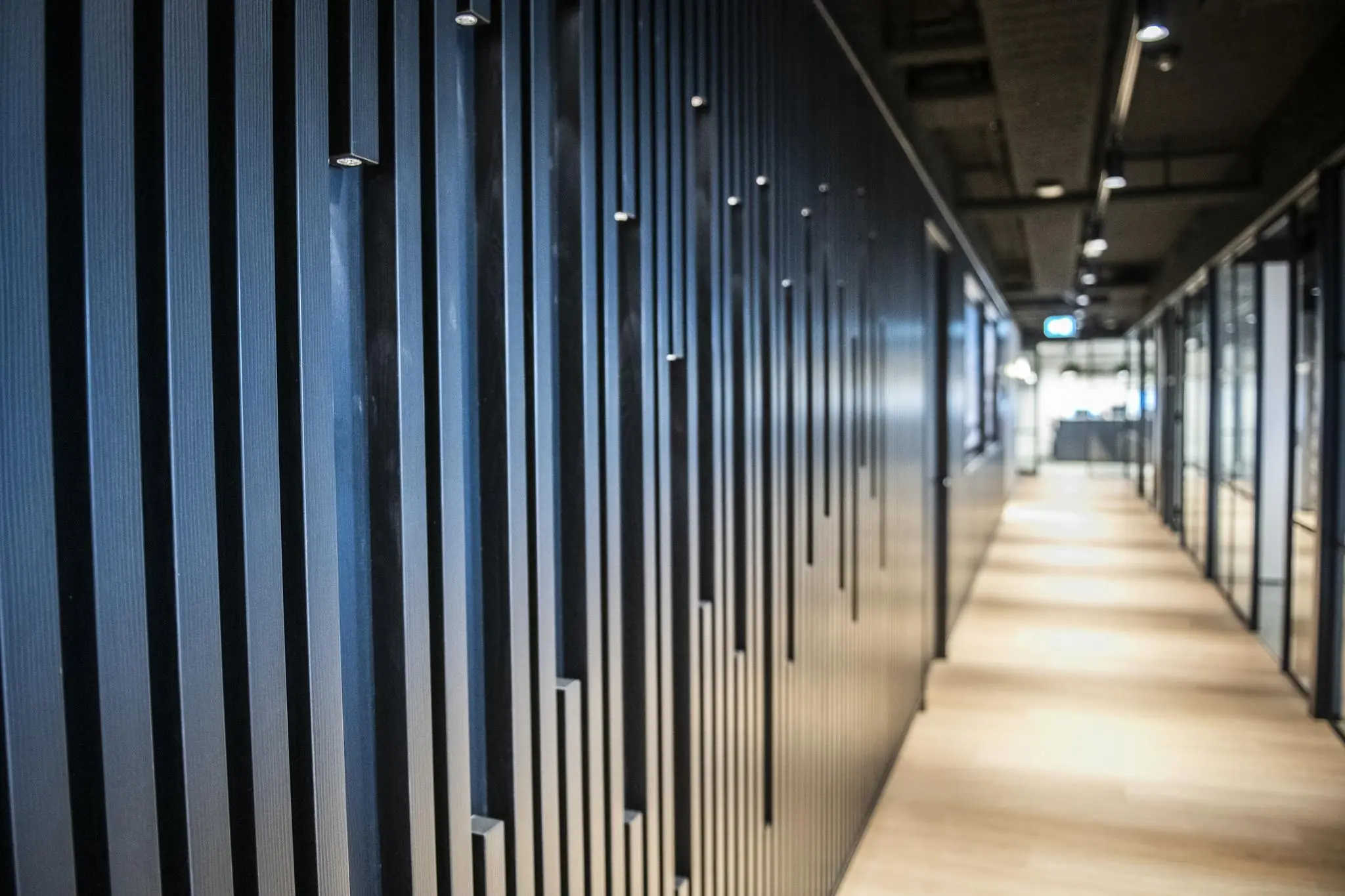 Moderne kantoorhal met opvallende zwart-gegroefde wand en houten vloer in Stationspark.